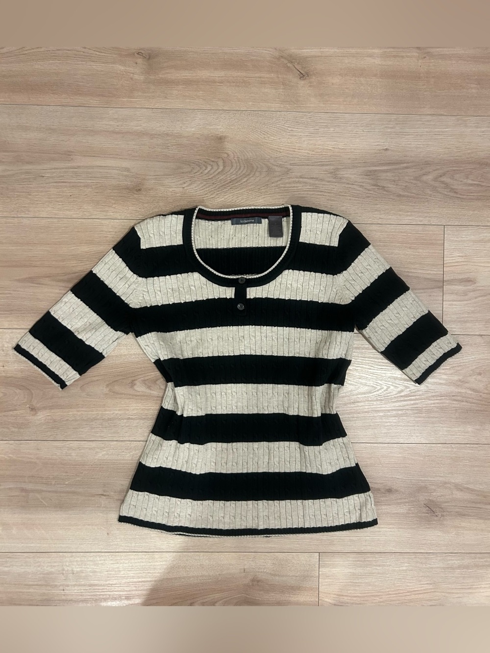 Liz Claiborne Black and Cream Striped Short Sleeve Sweater
